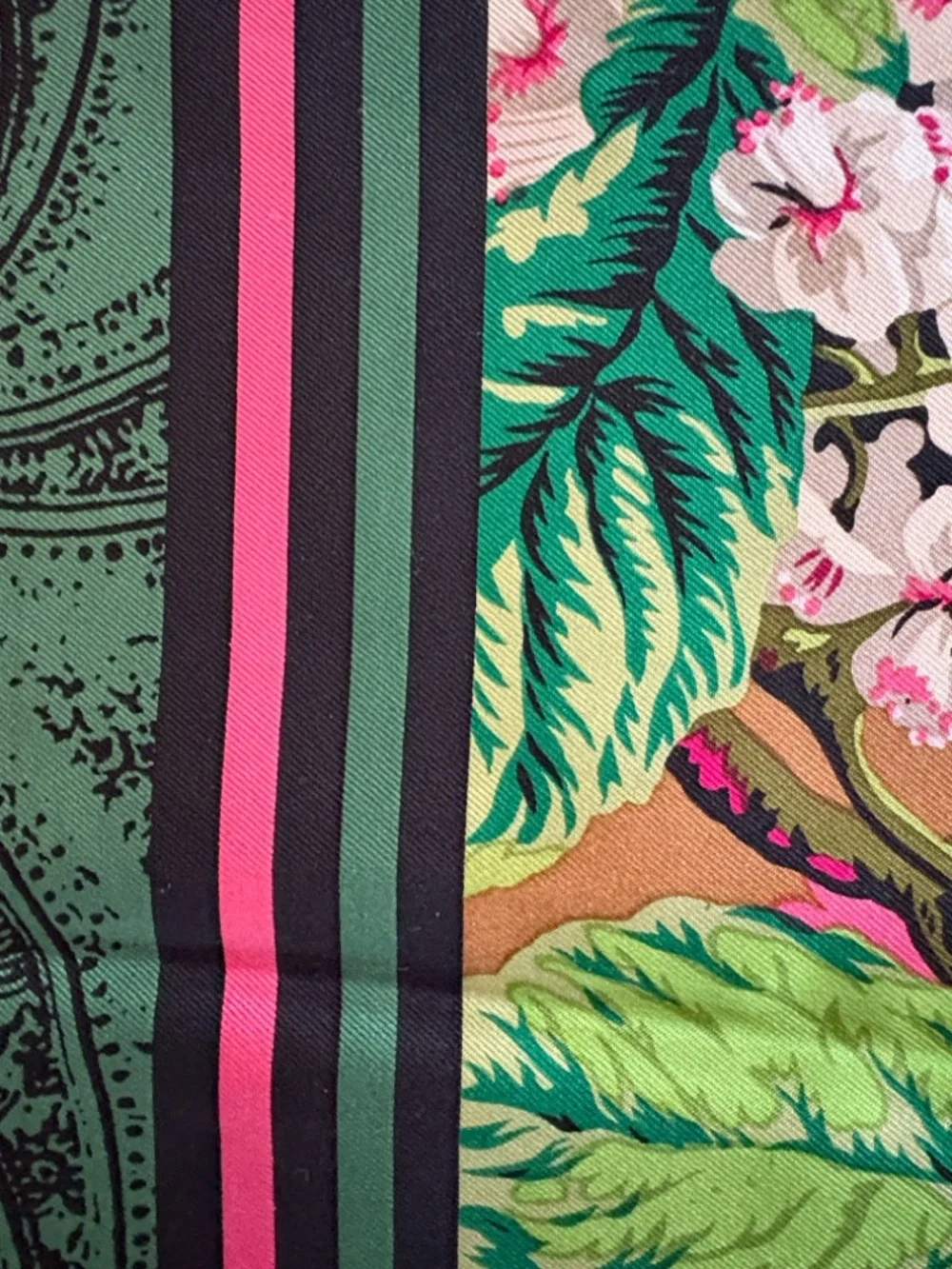 Vintage Oscar de la Renta Floral Green and Pink Silk Square Scarf